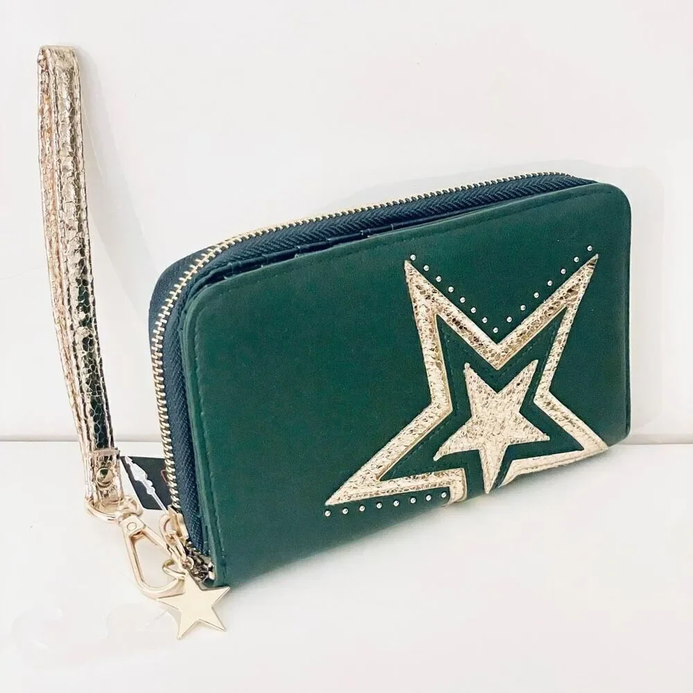 NWT No Boundaries Hunter Green w/ Gold Star Zip All Around Wristlet Wallet